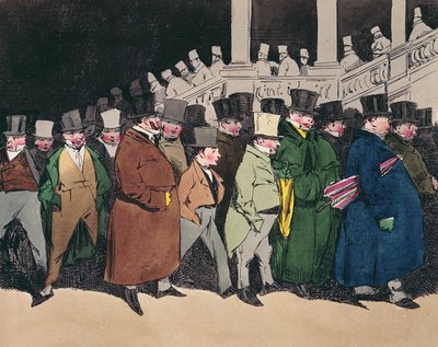 1830年頃、オフィスを離れる（カラー彫刻） 作： Henri Bonaventure Monnier